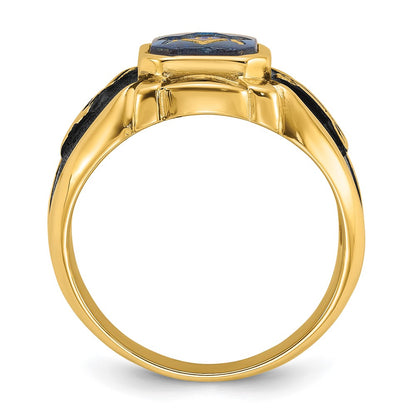 14k Yellow Gold Mens Polished Antiqued and Textured with Imitation Blue Spinel Masonic Ring