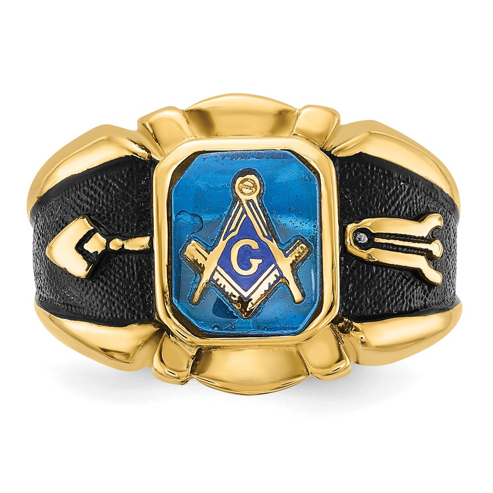 14k Yellow Gold Mens Polished Antiqued and Textured with Imitation Blue Spinel Masonic Ring
