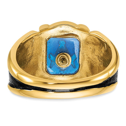 14k Yellow Gold Mens Polished Antiqued and Textured with Imitation Blue Spinel Masonic Ring