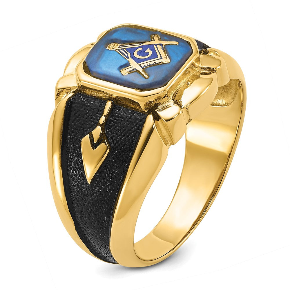 14k Yellow Gold Mens Polished Antiqued and Textured with Imitation Blue Spinel Masonic Ring