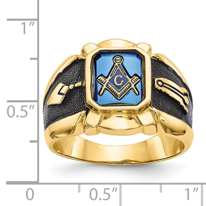 14k Yellow Gold Mens Polished Antiqued and Textured with Imitation Blue Spinel Masonic Ring
