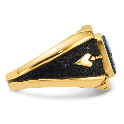 14k Yellow Gold Mens Polished Antiqued and Textured with Imitation Blue Spinel Masonic Ring
