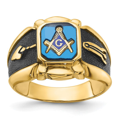 14k Yellow Gold Mens Polished Antiqued and Textured with Imitation Blue Spinel Masonic Ring