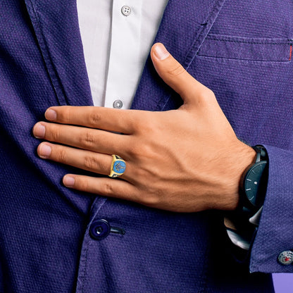 14k Yellow Gold Mens Polished and Textured with Black Enamel and Imitation Blue Spinel Masonic Ring