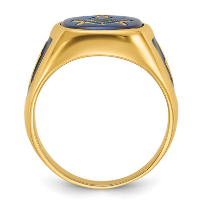 14k Yellow Gold Mens Polished and Textured with Black Enamel and Imitation Blue Spinel Masonic Ring