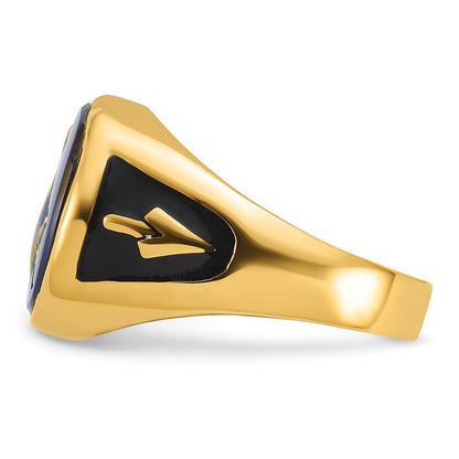 14k Yellow Gold Mens Polished and Textured with Black Enamel and Imitation Blue Spinel Masonic Ring