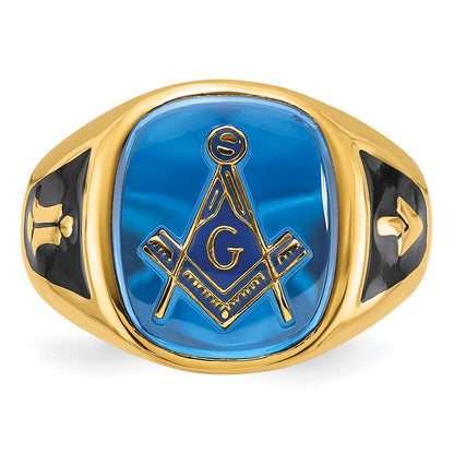 14k Yellow Gold Mens Polished and Textured with Black Enamel and Imitation Blue Spinel Masonic Ring