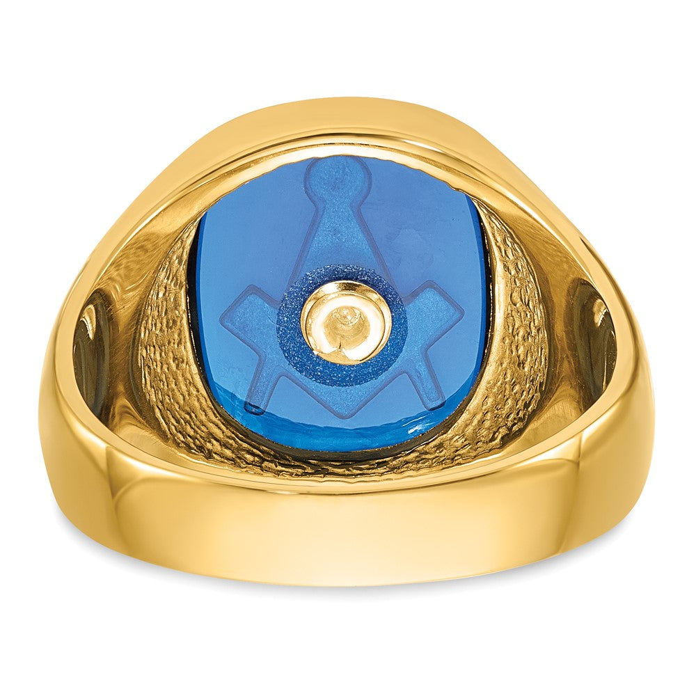 14k Yellow Gold Mens Polished and Textured with Black Enamel and Imitation Blue Spinel Masonic Ring