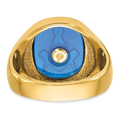 14k Yellow Gold Mens Polished and Textured with Black Enamel and Imitation Blue Spinel Masonic Ring