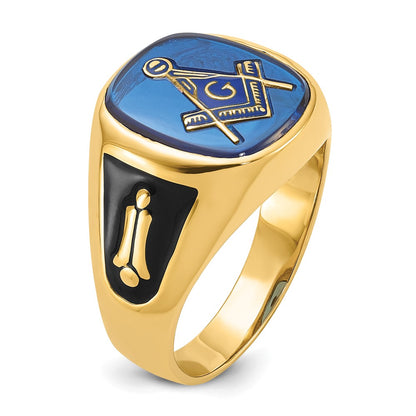 14k Yellow Gold Mens Polished and Textured with Black Enamel and Imitation Blue Spinel Masonic Ring