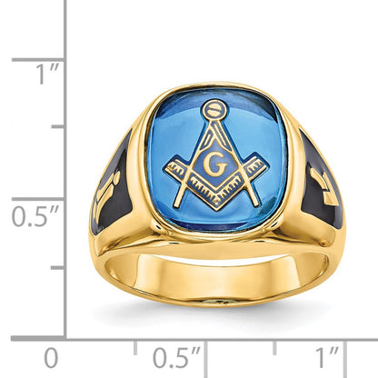 14k Yellow Gold Mens Polished and Textured with Black Enamel and Imitation Blue Spinel Masonic Ring