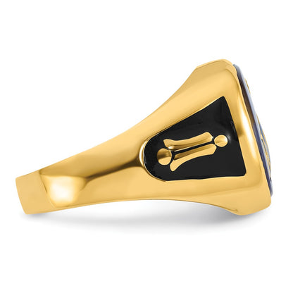 14k Yellow Gold Mens Polished and Textured with Black Enamel and Imitation Blue Spinel Masonic Ring