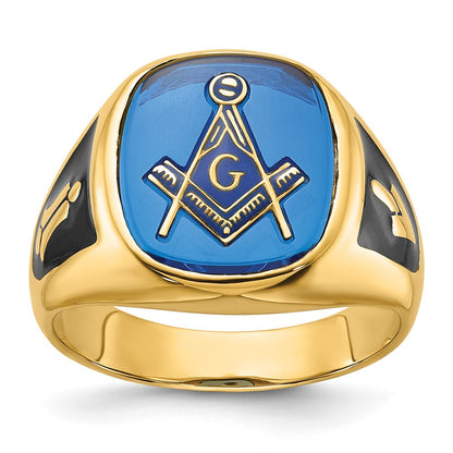 14k Yellow Gold Mens Polished and Textured with Black Enamel and Imitation Blue Spinel Masonic Ring