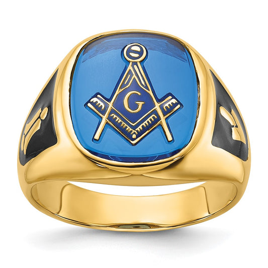 14k Yellow Gold Mens Polished and Textured with Black Enamel and Imitation Blue Spinel Masonic Ring