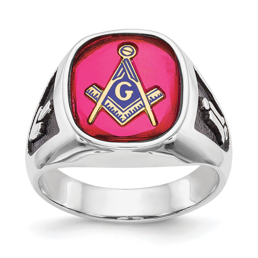 14k White Gold Mens Polished and Textured with Black Enamel and Lab Created Ruby Masonic Ring