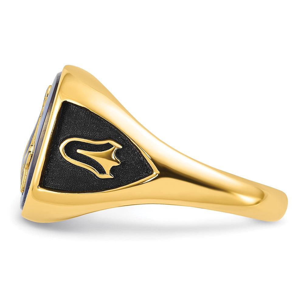 14k Yellow Gold Mens Polished Antiqued and Textured with Imitation Blue Spinel Masonic Ring