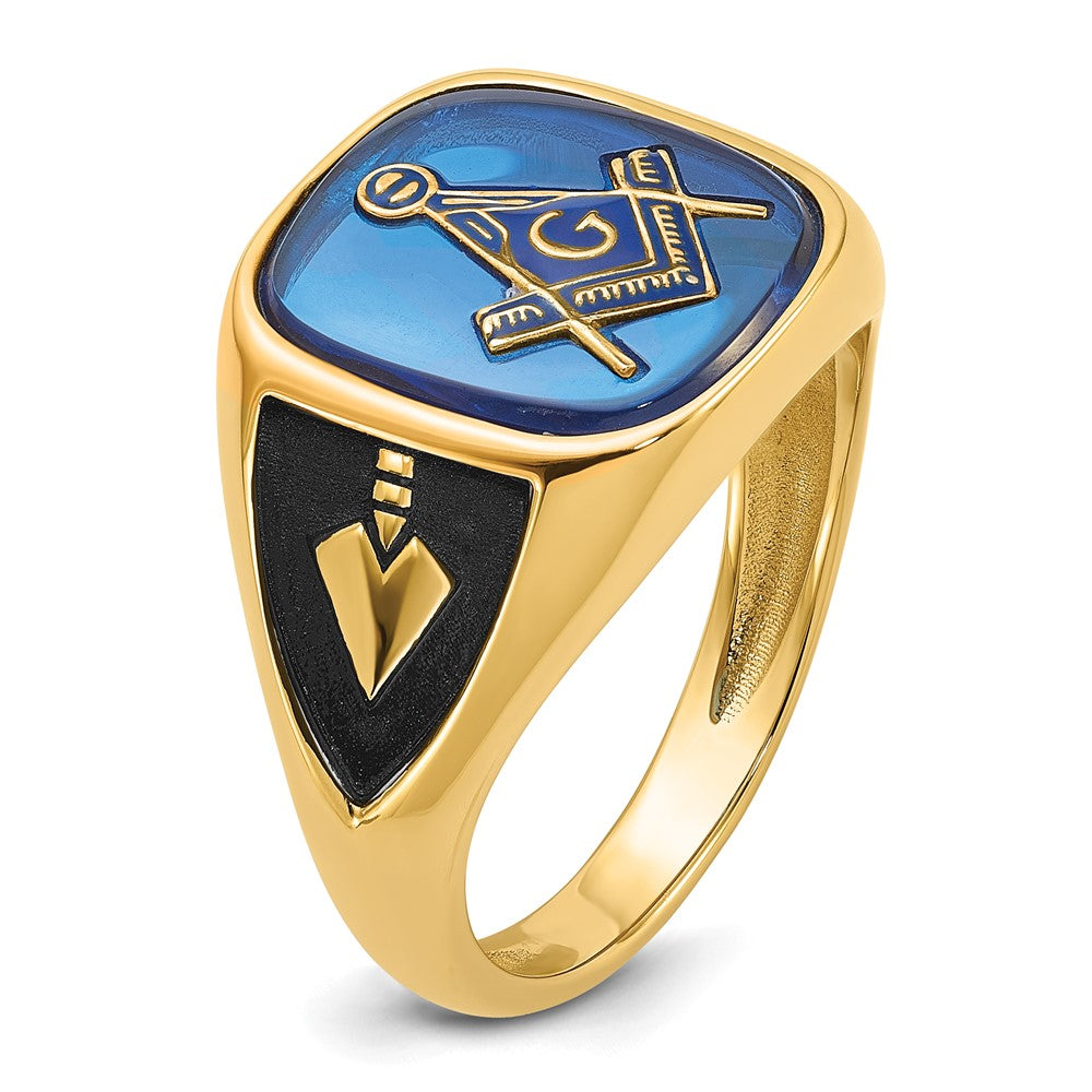 14k Yellow Gold Mens Polished Antiqued and Textured with Imitation Blue Spinel Masonic Ring