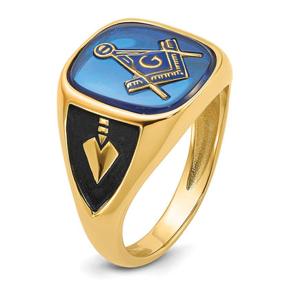 14k Yellow Gold Mens Polished Antiqued and Textured with Imitation Blue Spinel Masonic Ring