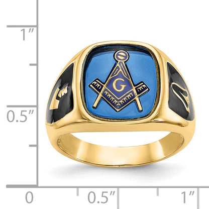 14k Yellow Gold Mens Polished Antiqued and Textured with Imitation Blue Spinel Masonic Ring