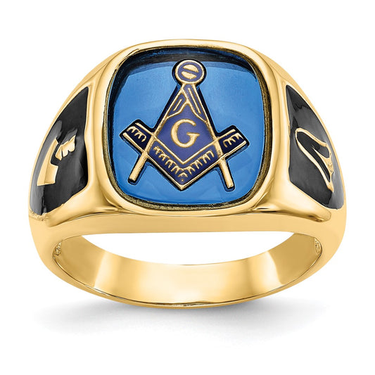 14k Yellow Gold Mens Polished Antiqued and Textured with Imitation Blue Spinel Masonic Ring