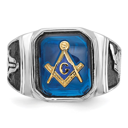 14k White Gold Polished and Textured with Black Enamel and Imitation Blue Spinel Masonic Ring
