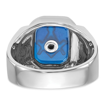 14k White Gold Polished and Textured with Black Enamel and Imitation Blue Spinel Masonic Ring