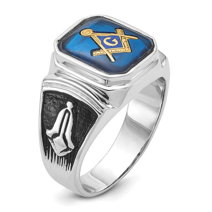 14k White Gold Polished and Textured with Black Enamel and Imitation Blue Spinel Masonic Ring