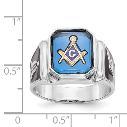 14k White Gold Polished and Textured with Black Enamel and Imitation Blue Spinel Masonic Ring