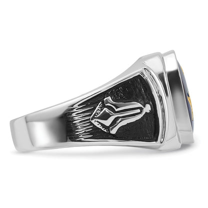14k White Gold Polished and Textured with Black Enamel and Imitation Blue Spinel Masonic Ring