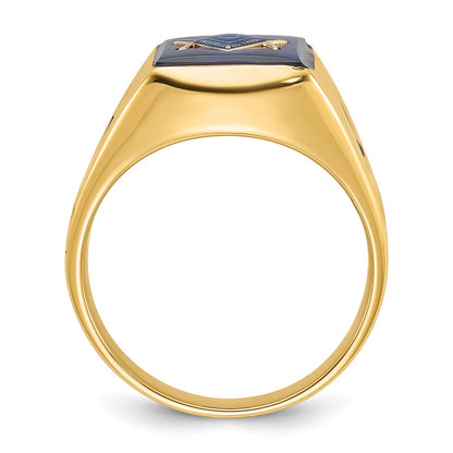 14k Yellow Gold Mens Polished and Grooved with Black Enamel and Imitation Blue Spinel Masonic Ring