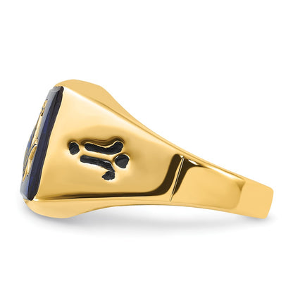 14k Yellow Gold Mens Polished and Grooved with Black Enamel and Imitation Blue Spinel Masonic Ring