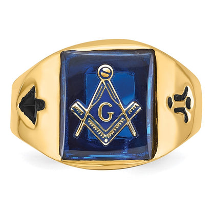 14k Yellow Gold Mens Polished and Grooved with Black Enamel and Imitation Blue Spinel Masonic Ring