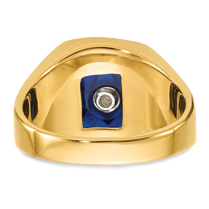 14k Yellow Gold Mens Polished and Grooved with Black Enamel and Imitation Blue Spinel Masonic Ring