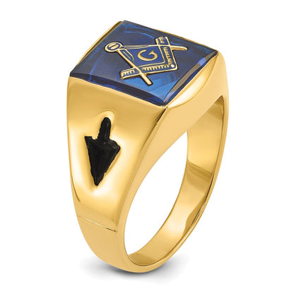14k Yellow Gold Mens Polished and Grooved with Black Enamel and Imitation Blue Spinel Masonic Ring