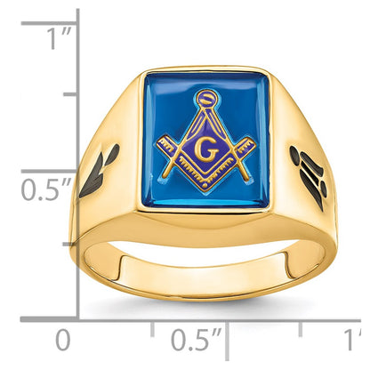 14k Yellow Gold Mens Polished and Grooved with Black Enamel and Imitation Blue Spinel Masonic Ring