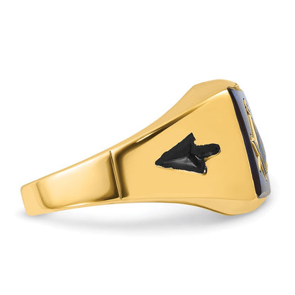 14k Yellow Gold Mens Polished and Grooved with Black Enamel and Imitation Blue Spinel Masonic Ring