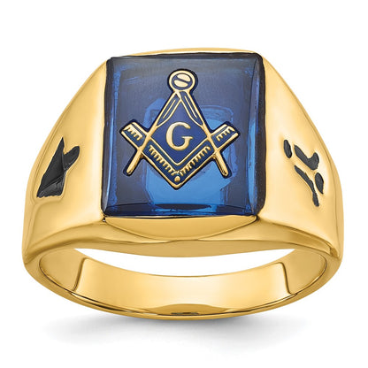 14k Yellow Gold Mens Polished and Grooved with Black Enamel and Imitation Blue Spinel Masonic Ring