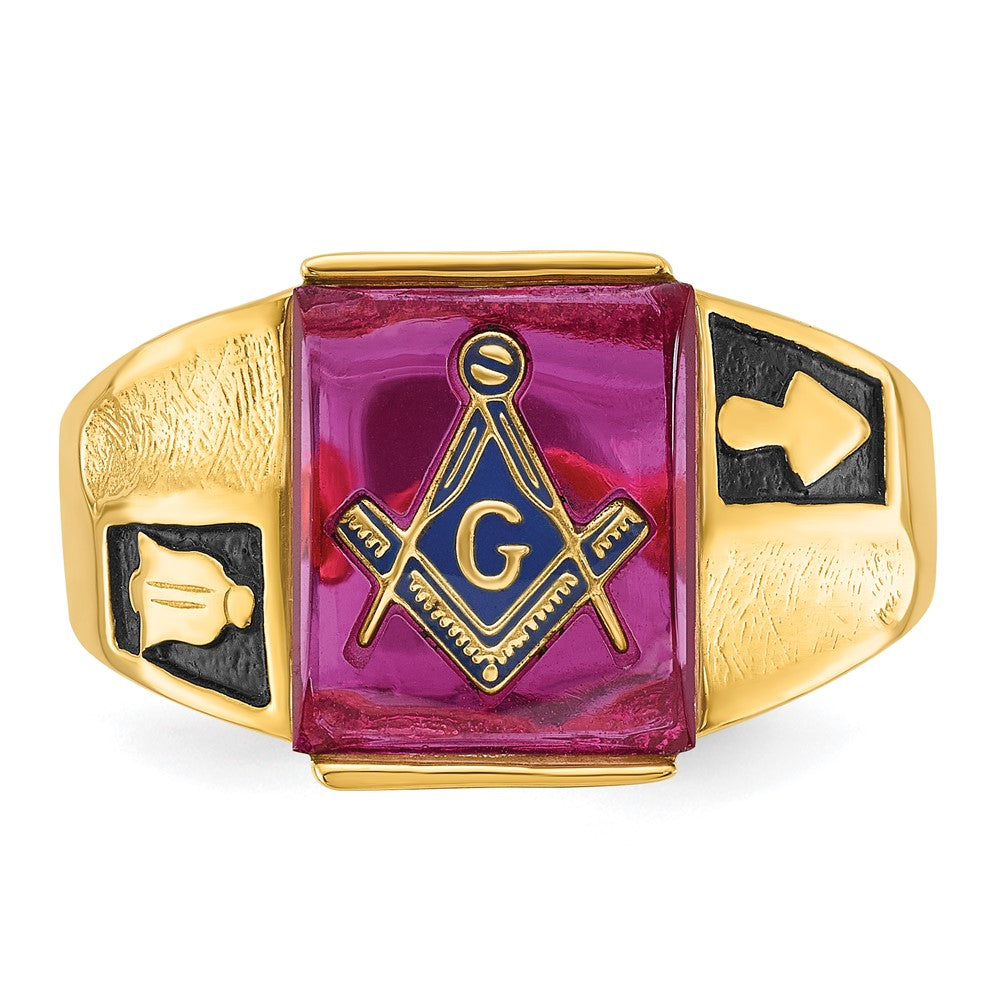 14k Yellow Gold Mens Polished and Textured with Black Enamel and Lab Created Ruby Masonic Ring
