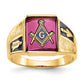 14k Yellow Gold Mens Polished and Textured with Black Enamel and Lab Created Ruby Masonic Ring