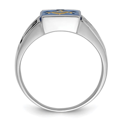 14k White Gold Mens Polished and Textured with Black Enamel and Imitation Blue Spinel Masonic Ring