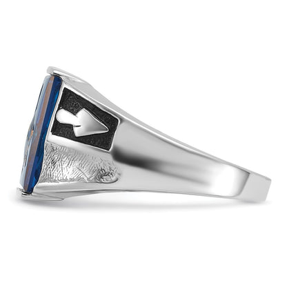 14k White Gold Mens Polished and Textured with Black Enamel and Imitation Blue Spinel Masonic Ring