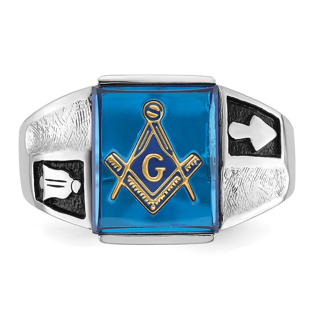 14k White Gold Mens Polished and Textured with Black Enamel and Imitation Blue Spinel Masonic Ring