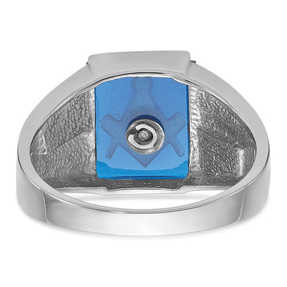 14k White Gold Mens Polished and Textured with Black Enamel and Imitation Blue Spinel Masonic Ring