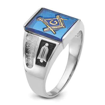 14k White Gold Mens Polished and Textured with Black Enamel and Imitation Blue Spinel Masonic Ring