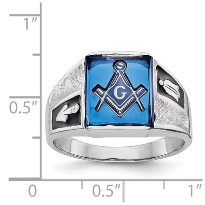14k White Gold Mens Polished and Textured with Black Enamel and Imitation Blue Spinel Masonic Ring