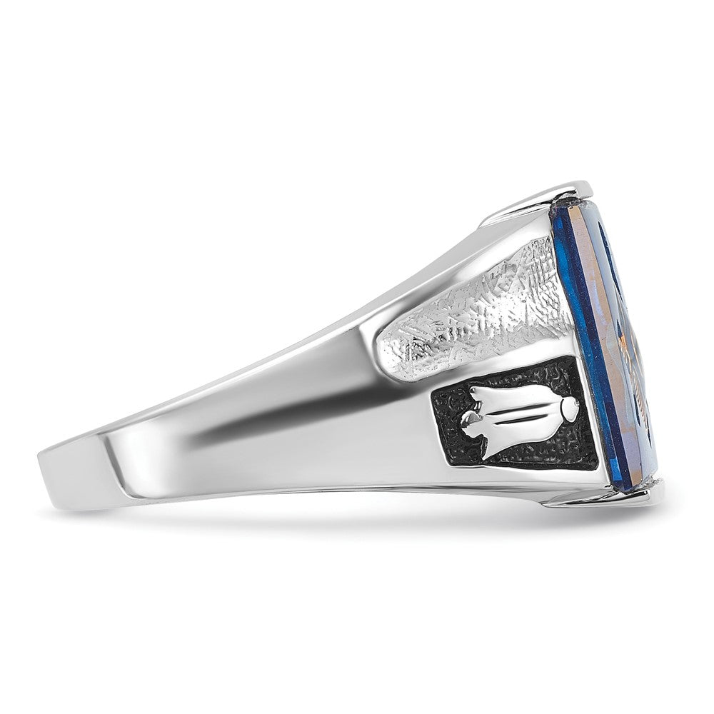 14k White Gold Mens Polished and Textured with Black Enamel and Imitation Blue Spinel Masonic Ring