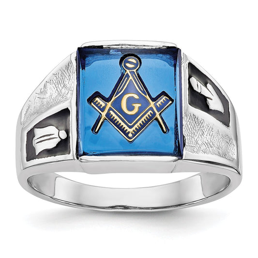 14k White Gold Mens Polished and Textured with Black Enamel and Imitation Blue Spinel Masonic Ring