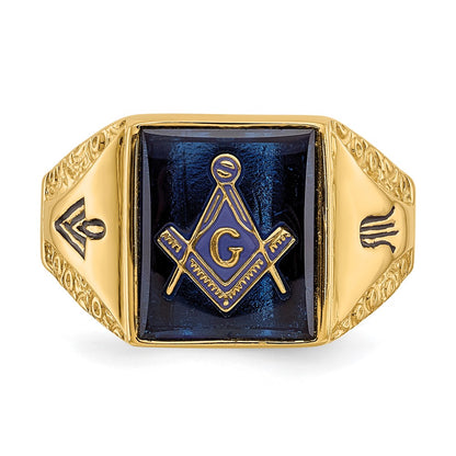 14k Yellow Gold Mens Polished Antiqued and Textured with Imitation Blue Spinel Masonic Ring