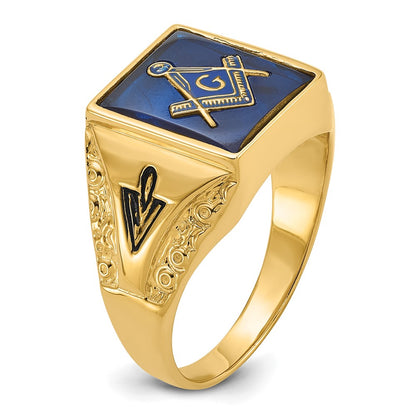 14k Yellow Gold Mens Polished Antiqued and Textured with Imitation Blue Spinel Masonic Ring