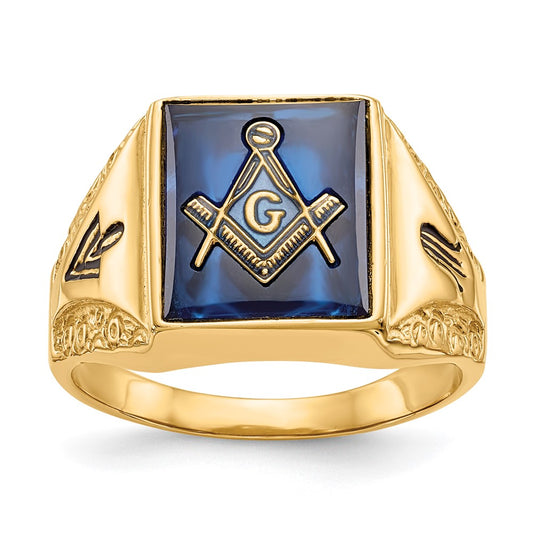 14k Yellow Gold Mens Polished Antiqued and Textured with Imitation Blue Spinel Masonic Ring